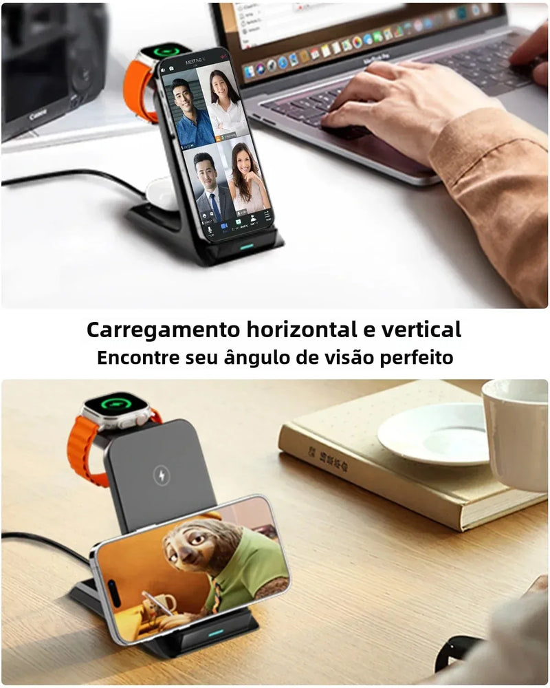 3 em 1 Carregador sem Fio, Suporte Estação de Carregamento Rápido