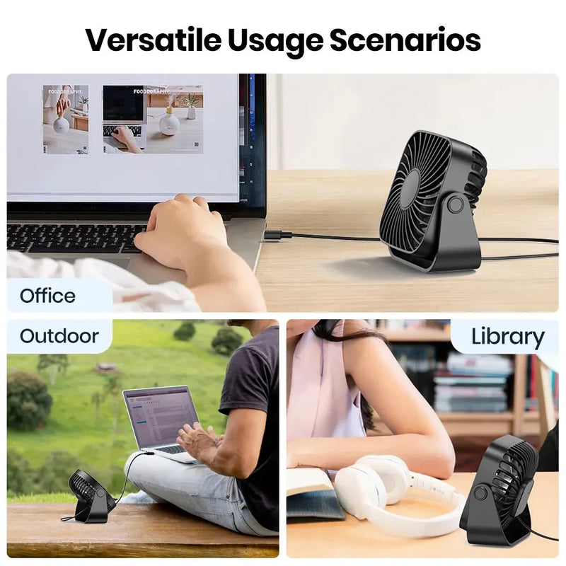 Mini Ventilador Portátil Silencioso, 360 °, USB, 3 velocidades