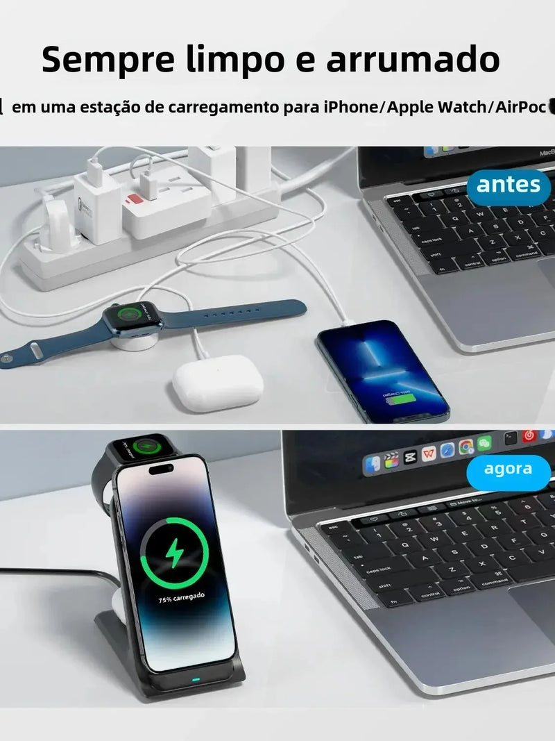 3 em 1 Carregador sem Fio, Suporte Estação de Carregamento Rápido